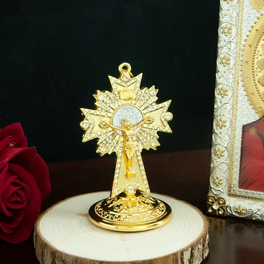 Golden Mercy Jesus Crucifix with Stand