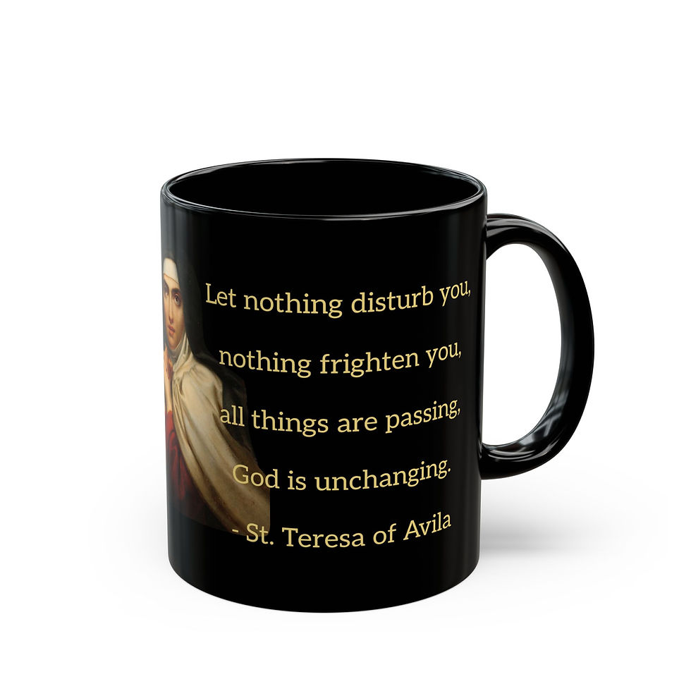 Thumbnail: St. Teresa Mug - Tranquil Spirit Chalice, glossy ceramic mug with faith design