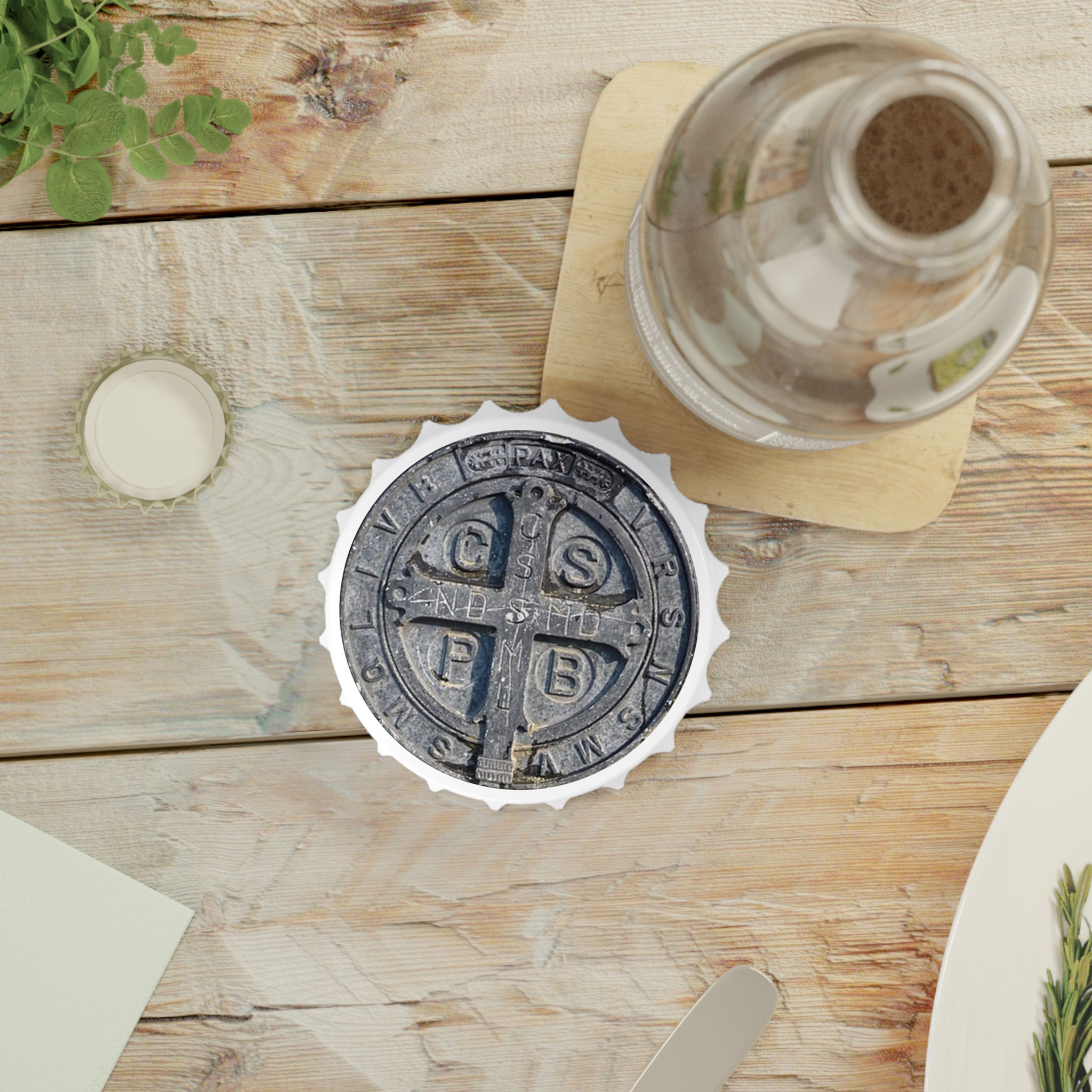 St. Benedict Medal Bottle Opener - Demon Vanquisher Pop, magnetic cap-shaped opener with 3-D carved stone-look medal print