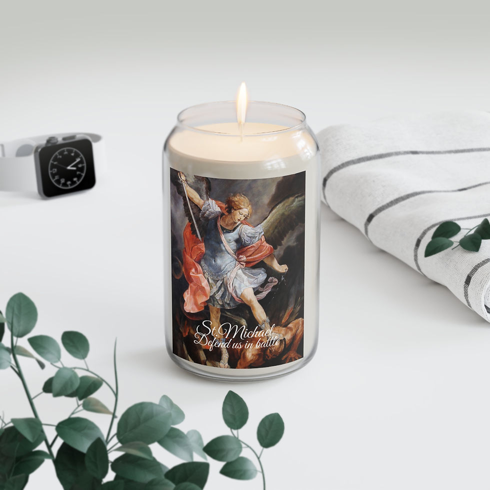 Thumbnail: St. Michael Candle - Archangel Flame Soy Sentinel, 13.75oz soy jar with St. Michael vanquishing dragon label