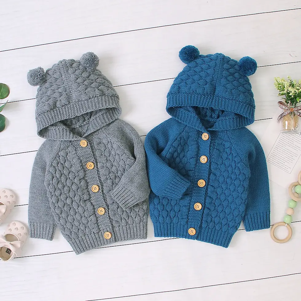 Thumbnail: Catholic Baby Hooded Baptism Cardigan 3-24M — Cable Knit Button Sweater, cotton polyester hooded cable knit button cardigan g