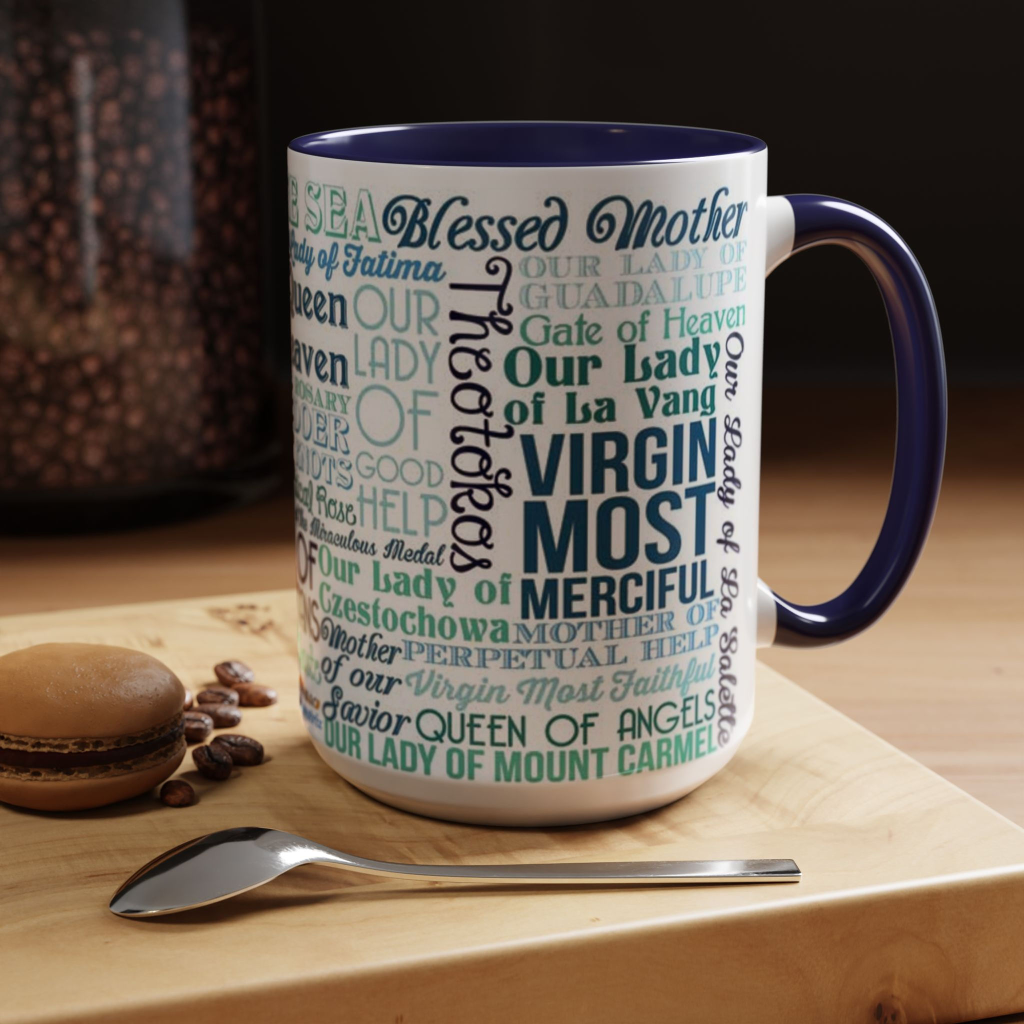 Marian Titles Mug - Mother Names Ceramic Chalice, ceramic mug with Marian titles print