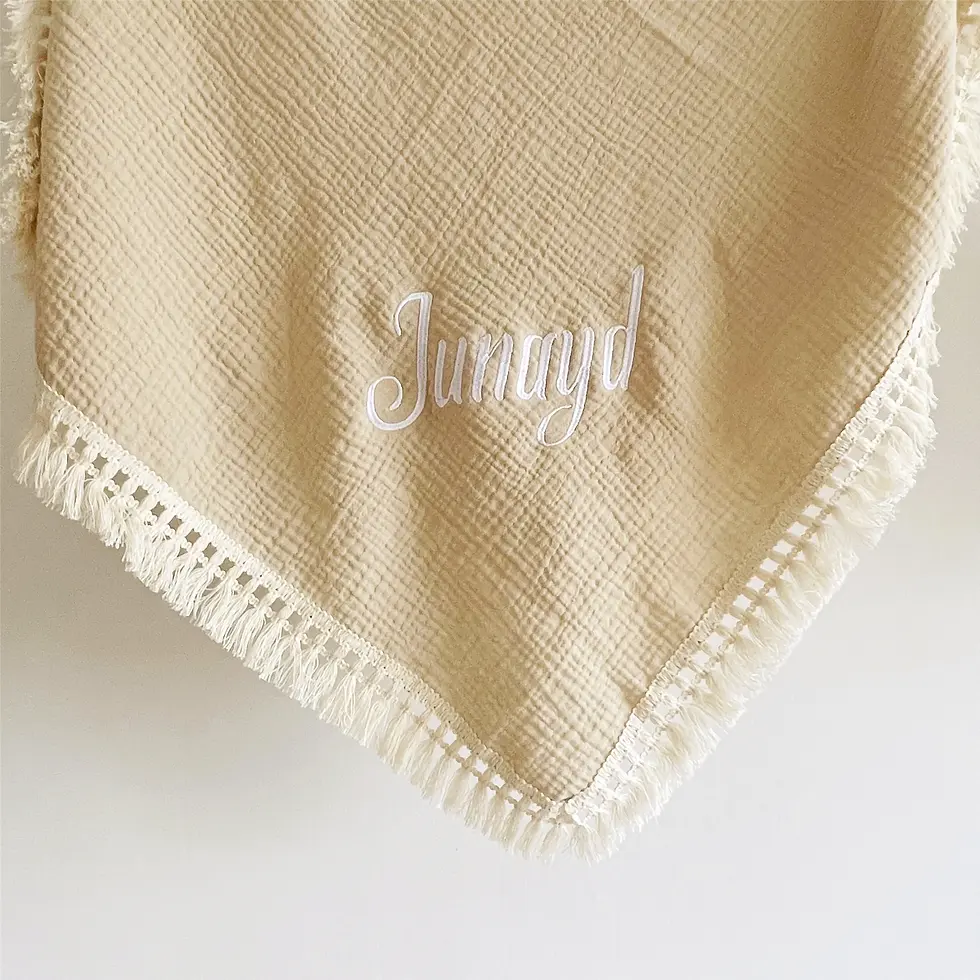 Named Fringe Swaddle - Guardian Tassel Blanket, cotton muslin personalized embroidered name with tassel edges