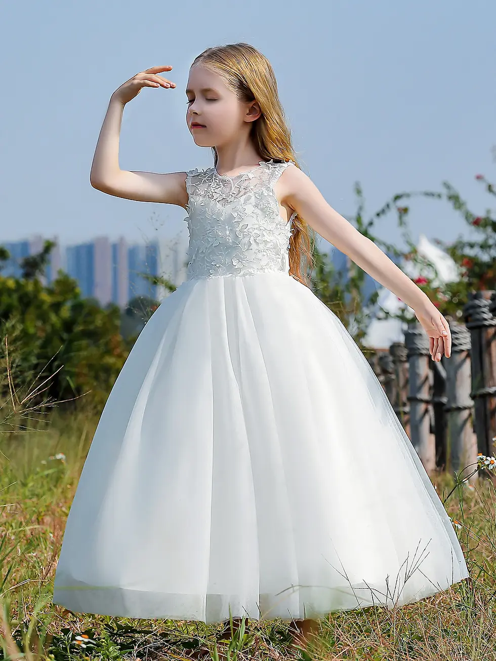 Thumbnail: Catholic Girl First Communion Tulle Gown 5Y-12Y ~~ Lace Applique Modest Grace, tulle ankle-length ball gown lace appliques cr