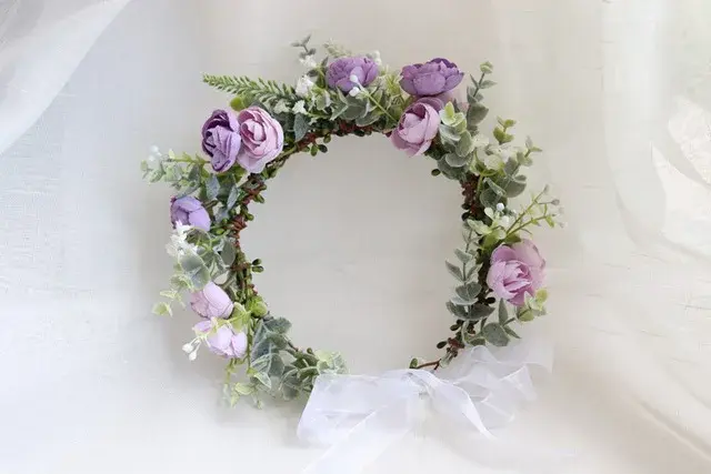 Thumbnail: Immaculate Conception Crown - White Rose Marian Wreath camellia eucalyptus baby breath floral