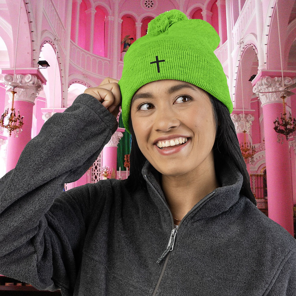 Thumbnail: Cross Pom Beanie - Calvary Crown Knit Cap, acrylic knit beanie with pom-pom and bold cross embroidery