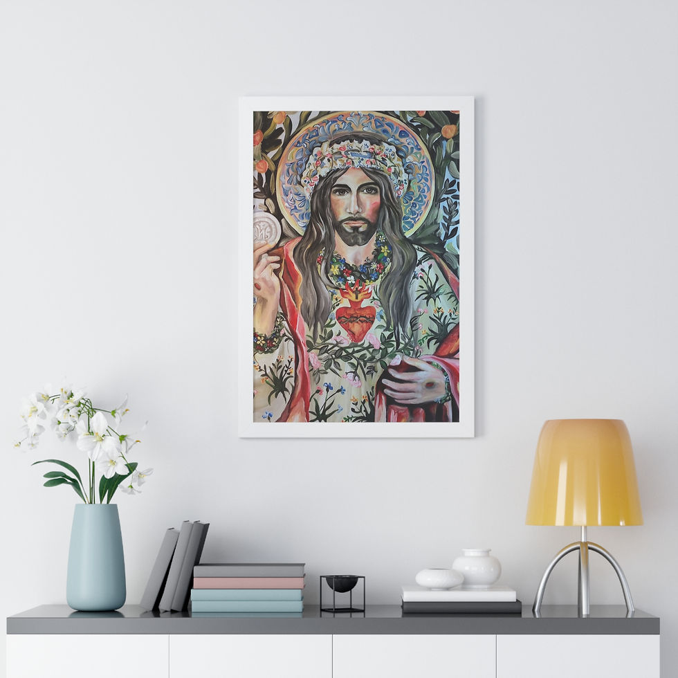 Thumbnail: Botanical Sacred Heart by Mica. Framed Vertical Print, premium matte print framed vertical botanical sacred heart scene multi