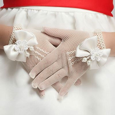 Thumbnail: Children's First Communion Gloves, polyester white pink pearl girl communion gloves 3-12 years