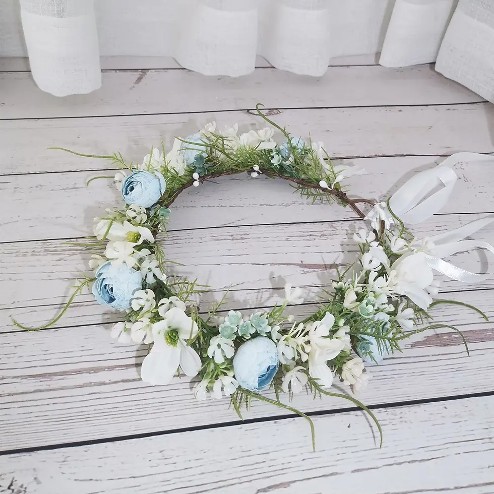 Thumbnail: Immaculate Conception Crown - White Rose Marian Wreath camellia eucalyptus baby breath floral