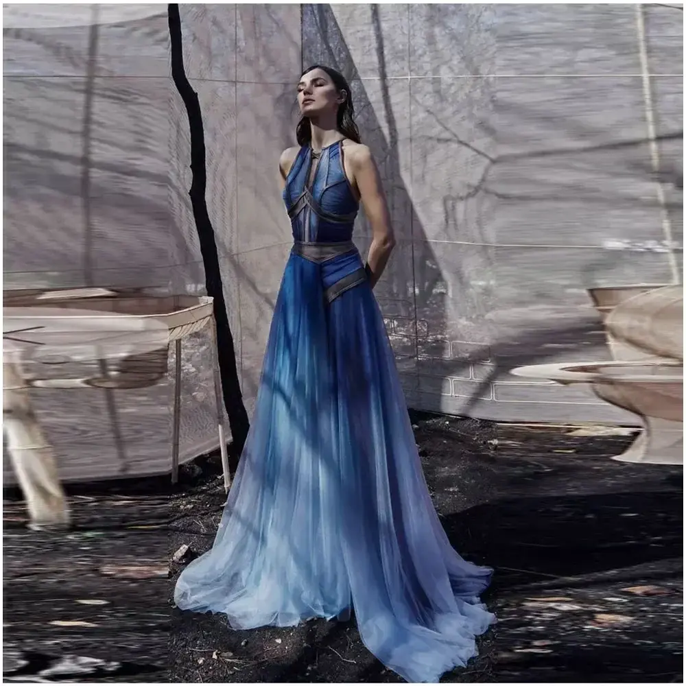 A-Line Dark Blue Chiffon Backless Gradient Evening Dresses