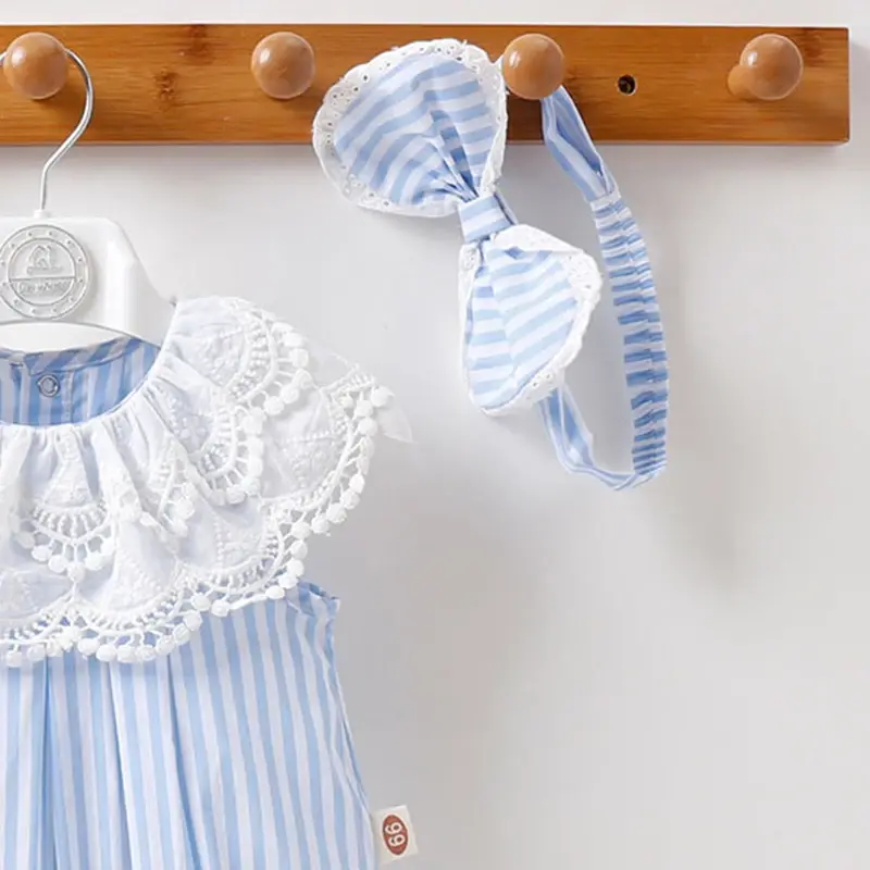 Thumbnail: Discover this Catholic girl pinstriped bubble lace collar & headband baptism bodysuit 0-12M: short-sleeve cotton-polyester bl