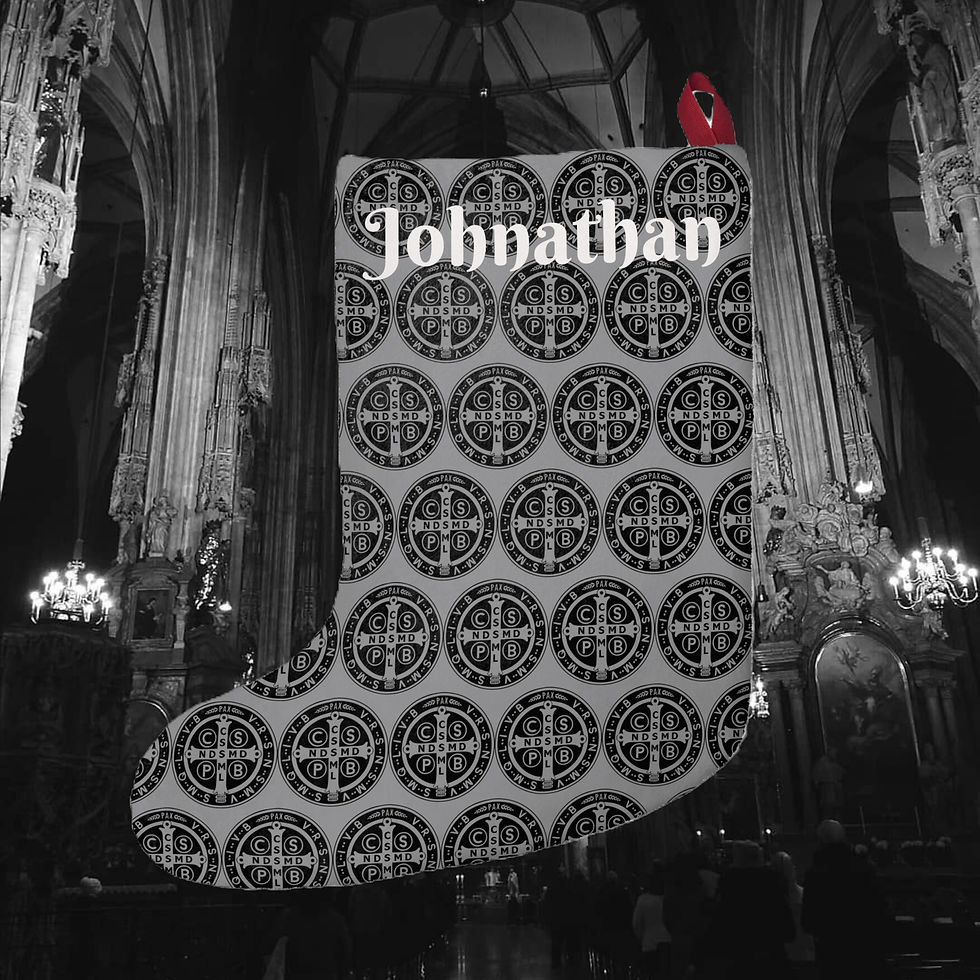 St Benedict Stocking - Exorcism Hearth Guardian, polyester fleece stocking with St Benedict medal print