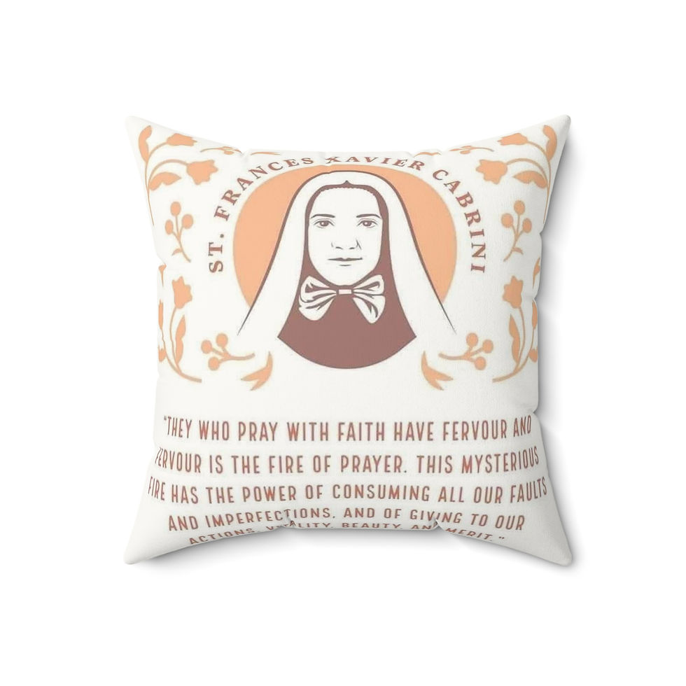 Thumbnail: St Cabrini Prayer Pillow - Fervor Fire Suede Square, faux suede square pillow with St Cabrini fervor fire quote print