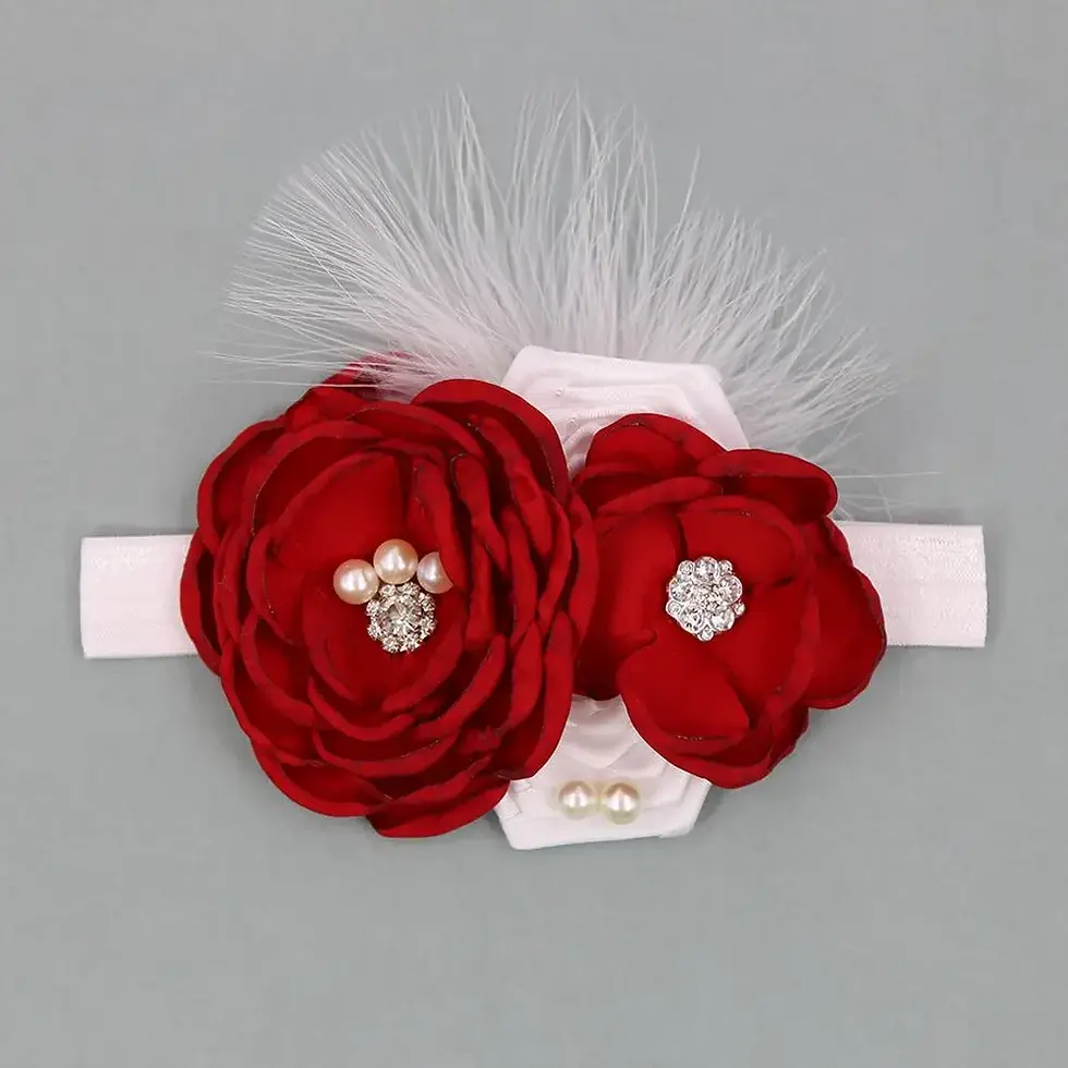 Thumbnail: First Communion Vintage Flower Headband, spandex pearl rhinestone feather girl headband blush mauve ivory