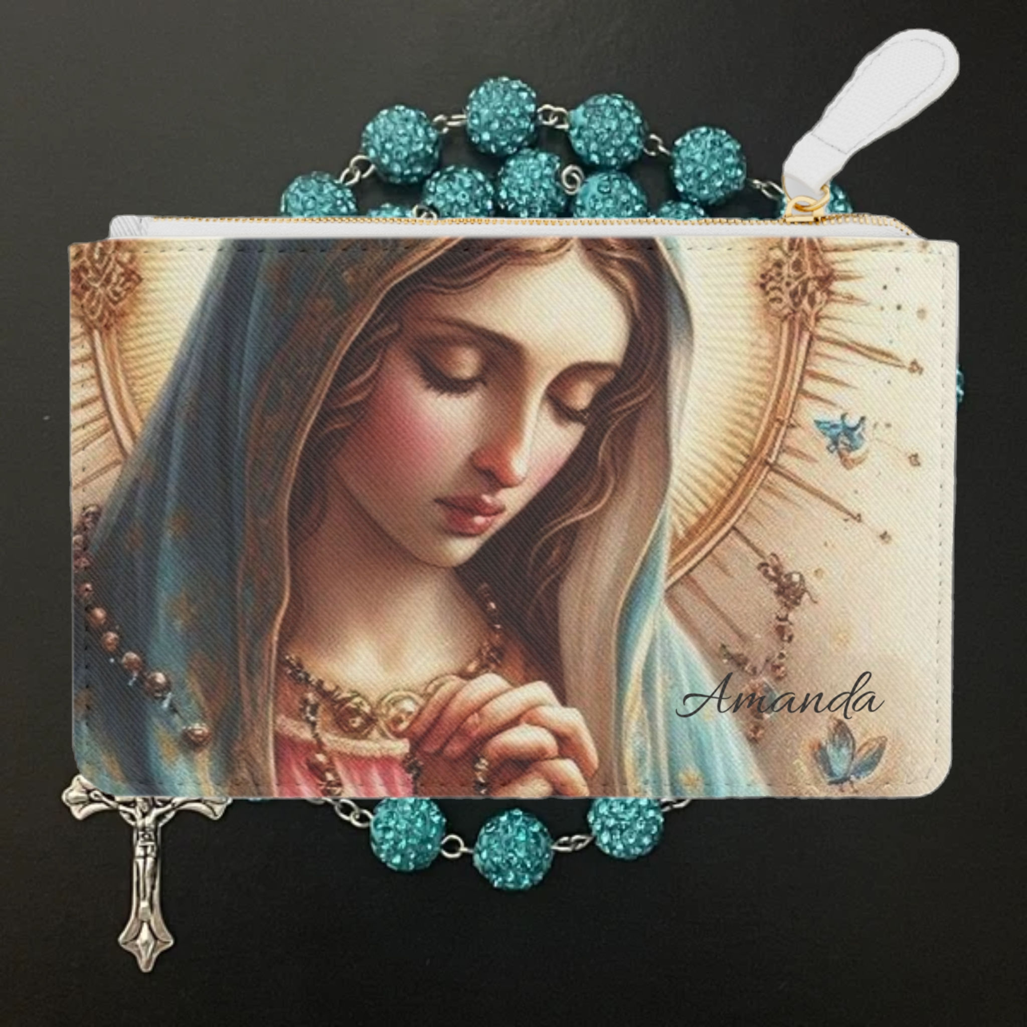 Rosary Clutch - Bead Vault Faux Leather Pouch, faux leather pouch with rosary motifs print