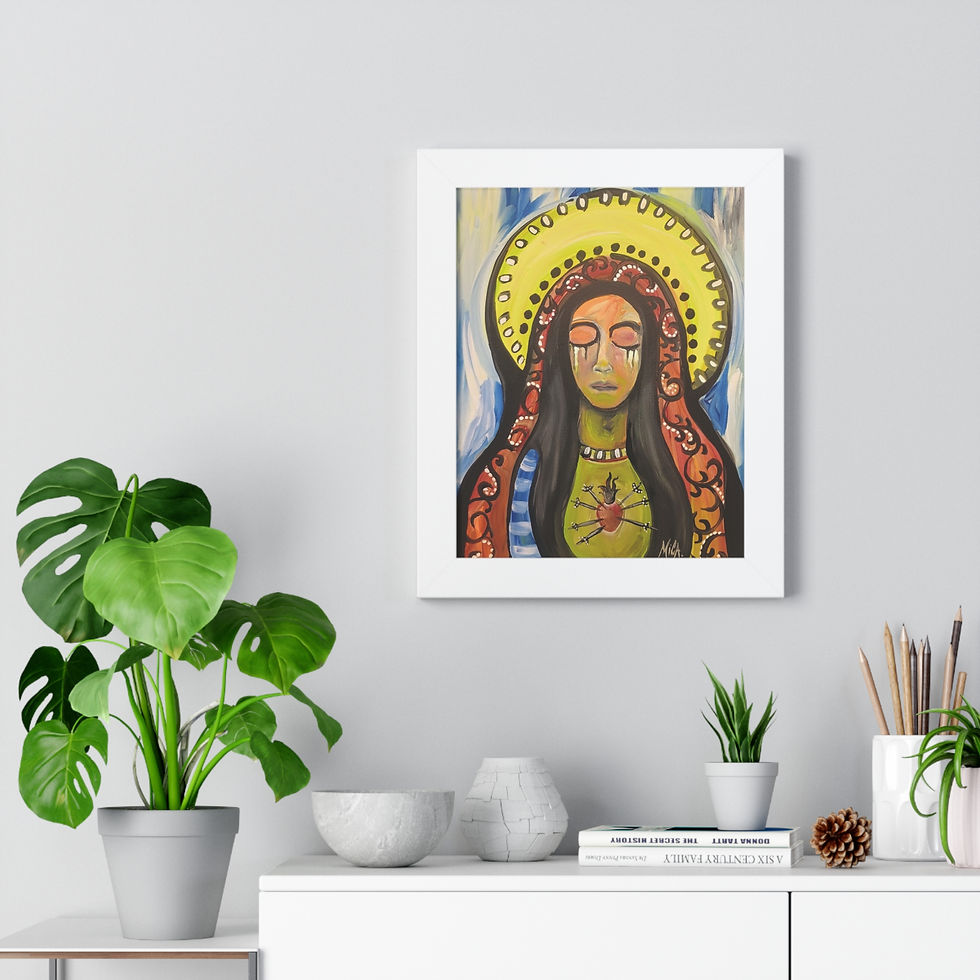 Thumbnail: Sorrowful Mother Framed Poster - Pierced Heart Wall Icon by Mica, framed satin with Sorrowful Mother artwork by Art by Mica