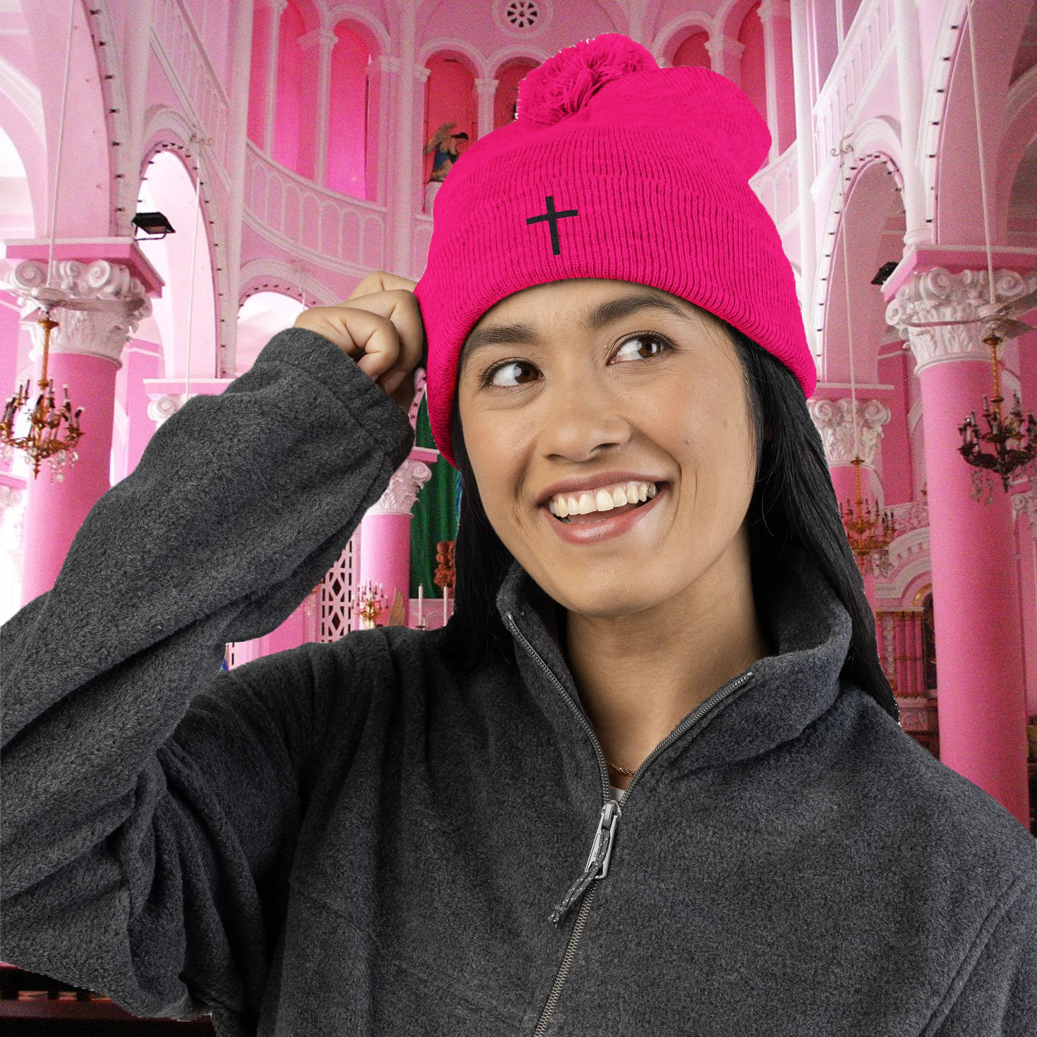 Cross Pom Beanie - Calvary Crown Knit Cap, acrylic knit beanie with pom-pom and bold cross embroidery