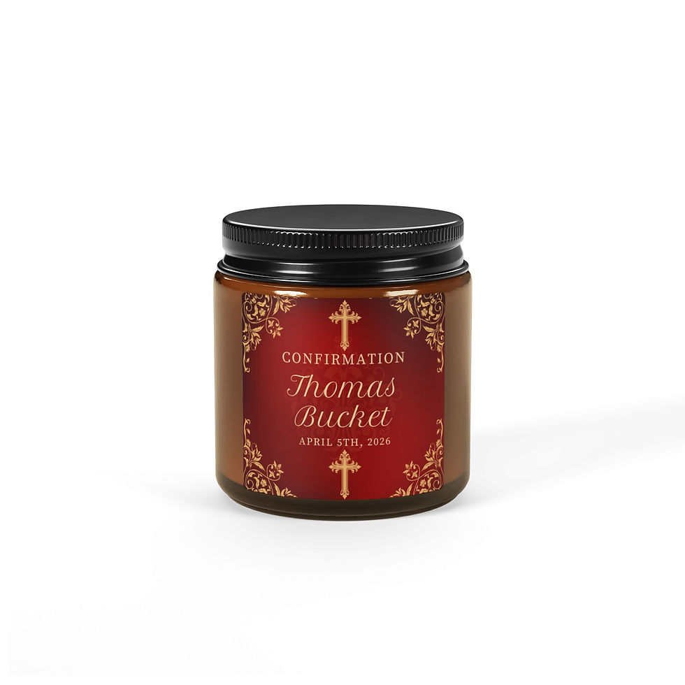 Wine Confirmation Scented Soy Candle - Personalized Amber Jar, amber glass soy candle with wine-themed Confirmation design on