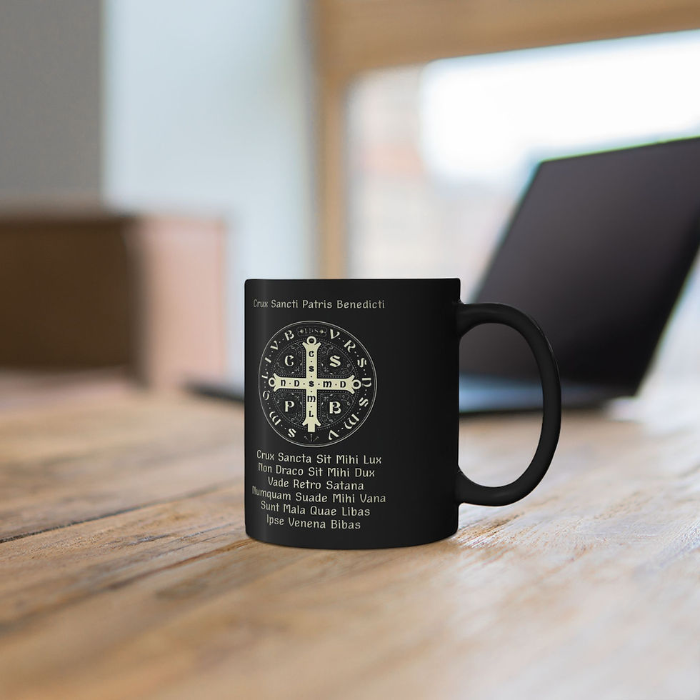 Thumbnail: Crux Sacra Sit Mihi Lux Black Mug (11oz, 15oz) — Faithful Protection Cup, glossy black ceramic mug with Crux Sacra Sit Mihi L