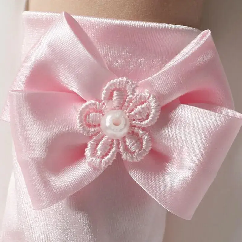 Thumbnail: Catholic Girl First Communion Satin Pearl Lace Bow Short Glove, satin wrist-length glove with pearl and lace bow decoration