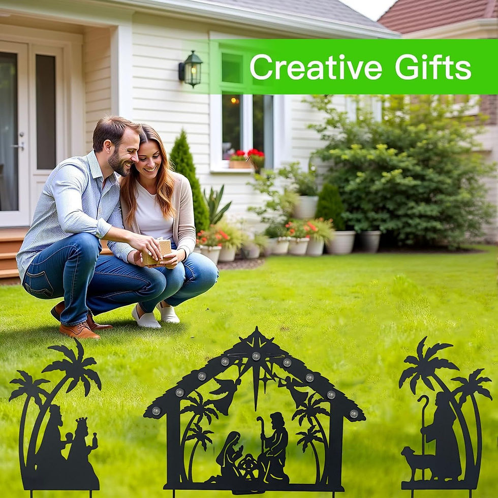 Thumbnail: Solar Nativity Silhouette Stake - 17" Bethlehem Star Glow metal stable holy family shepherd palm trees solar lights