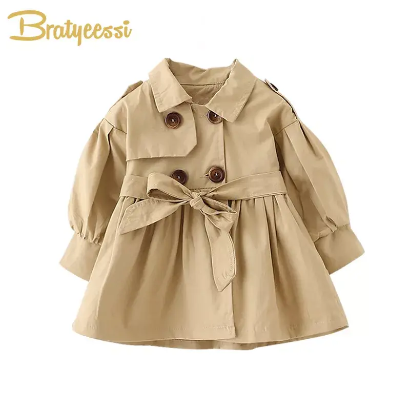 Thumbnail: Little Guardian Trench Coat for girls, 100% cotton classic double-breasted with belt, autumn modesty