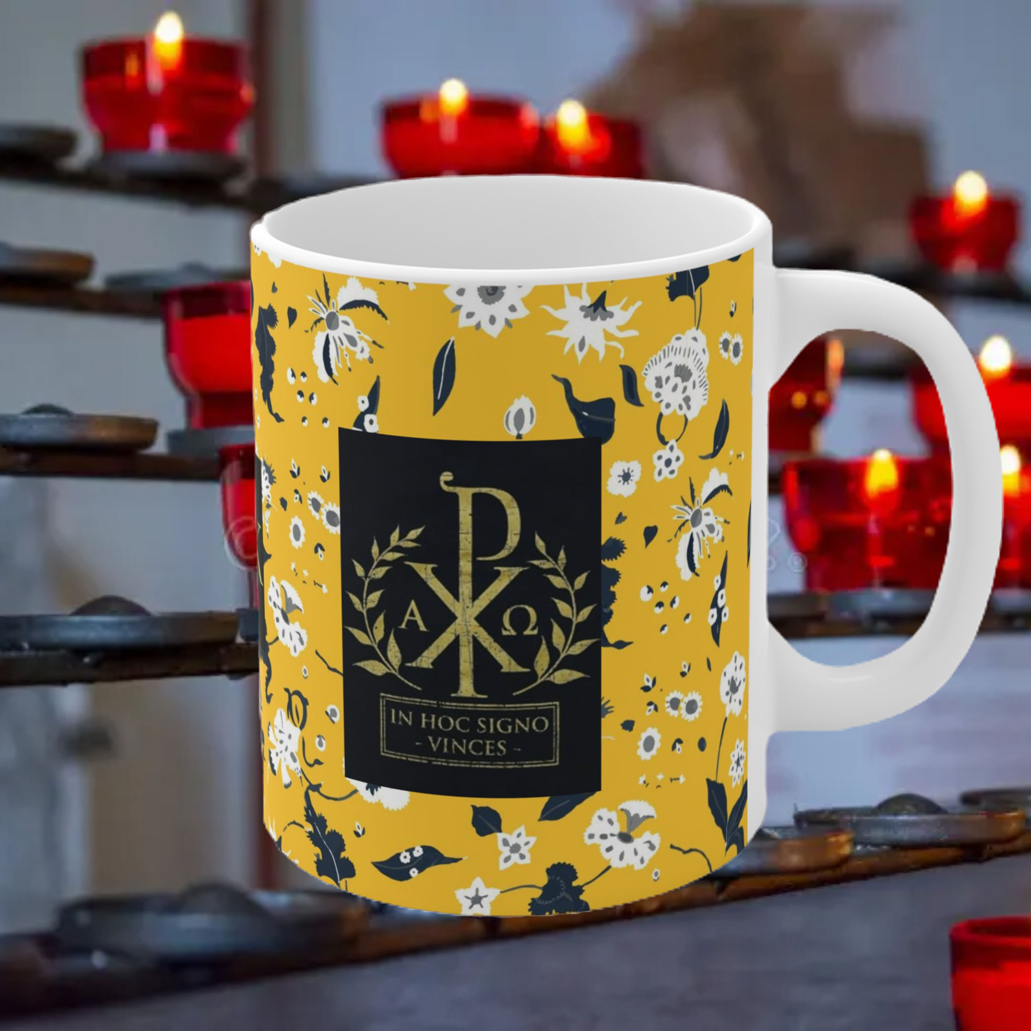 ChiRho Mug - Victory Alpha Omega Ceramic Chalice, ceramic mug with ChiRho A&O In Hoc Signo Vinces print