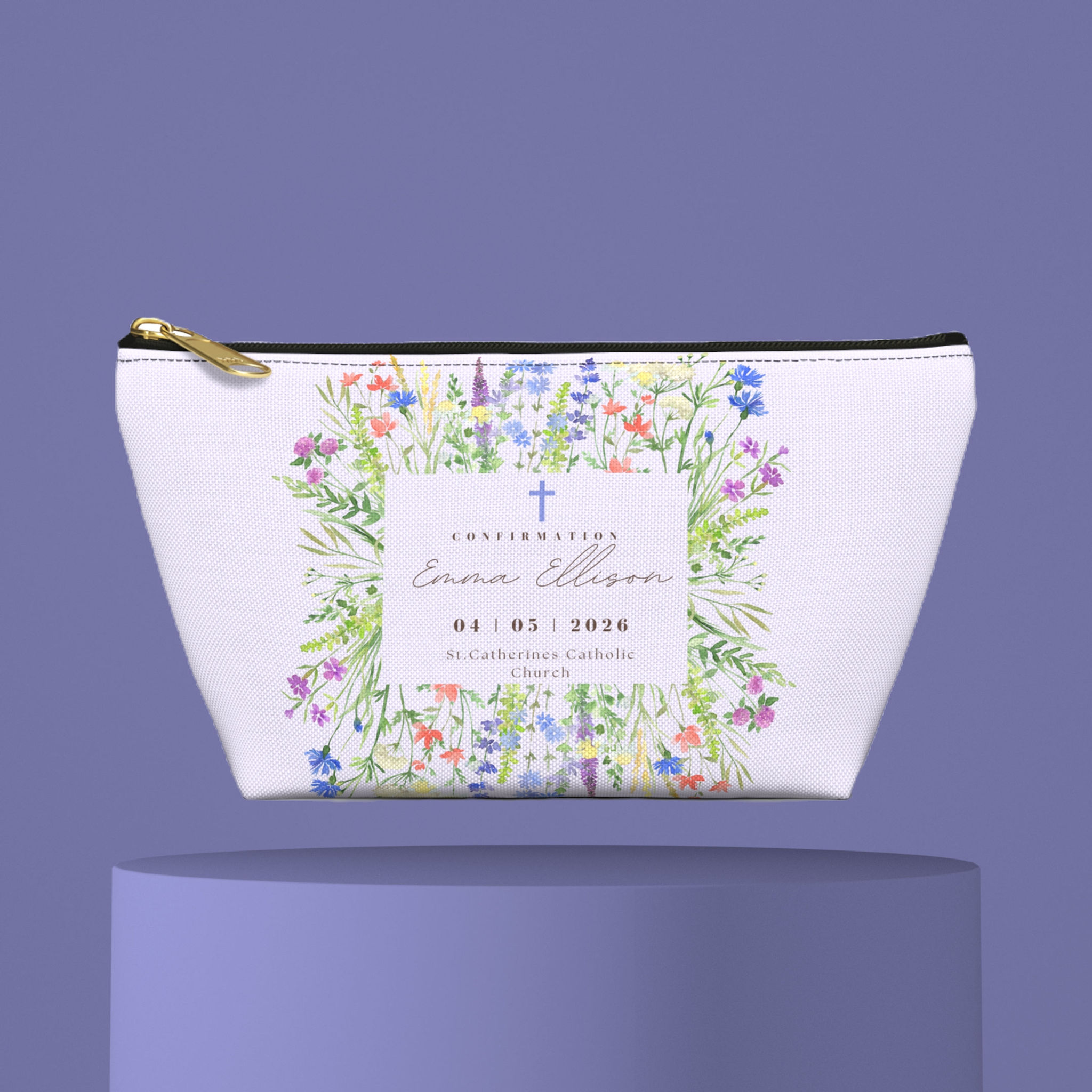 In Bloom Confirmation Accessory Pouch w T-Bottom, polyester T-bottom pouch with floral Confirmation design, custom name, date