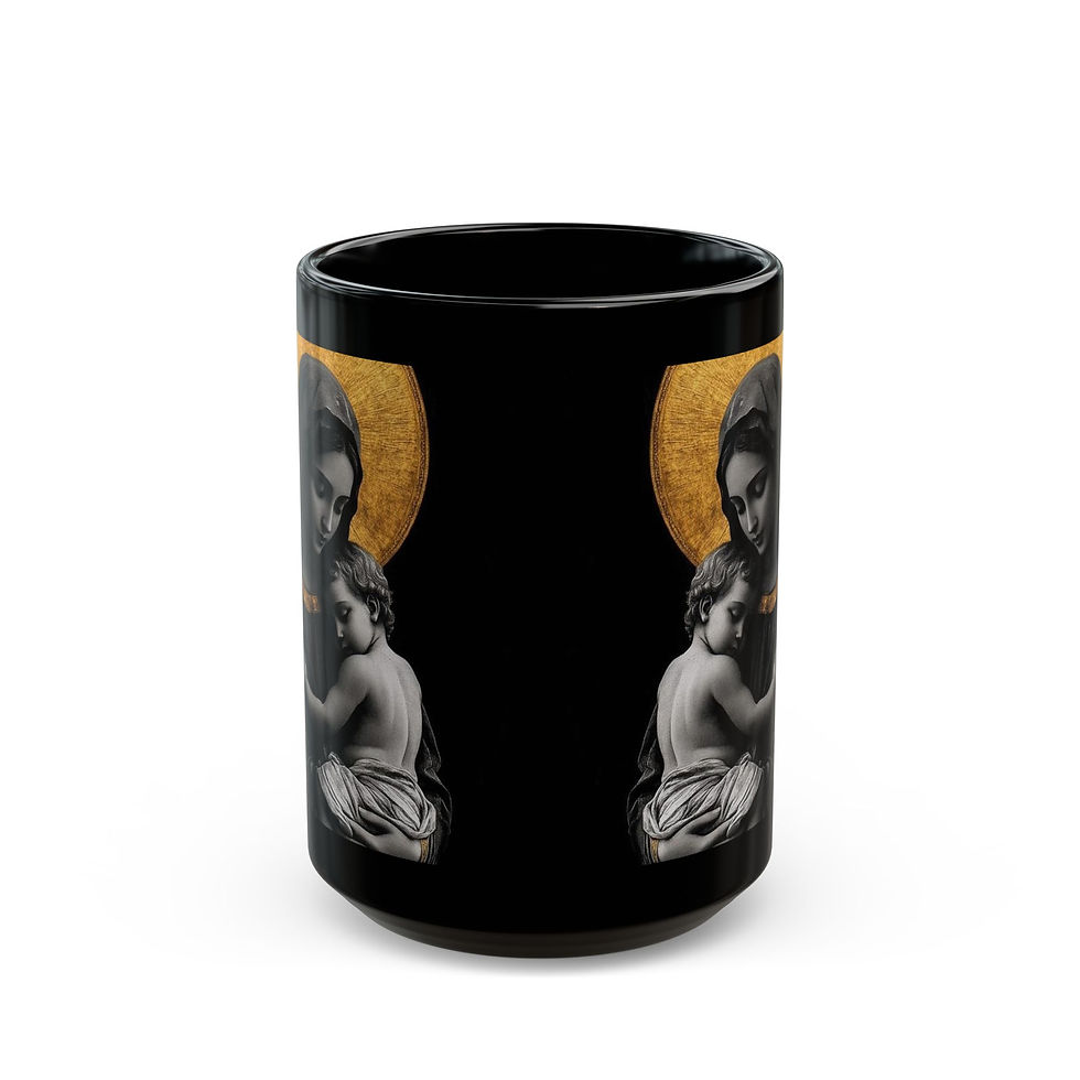 Thumbnail: Holy Mother Mug - Maternal Grace Chalice, black ceramic mug with faith design