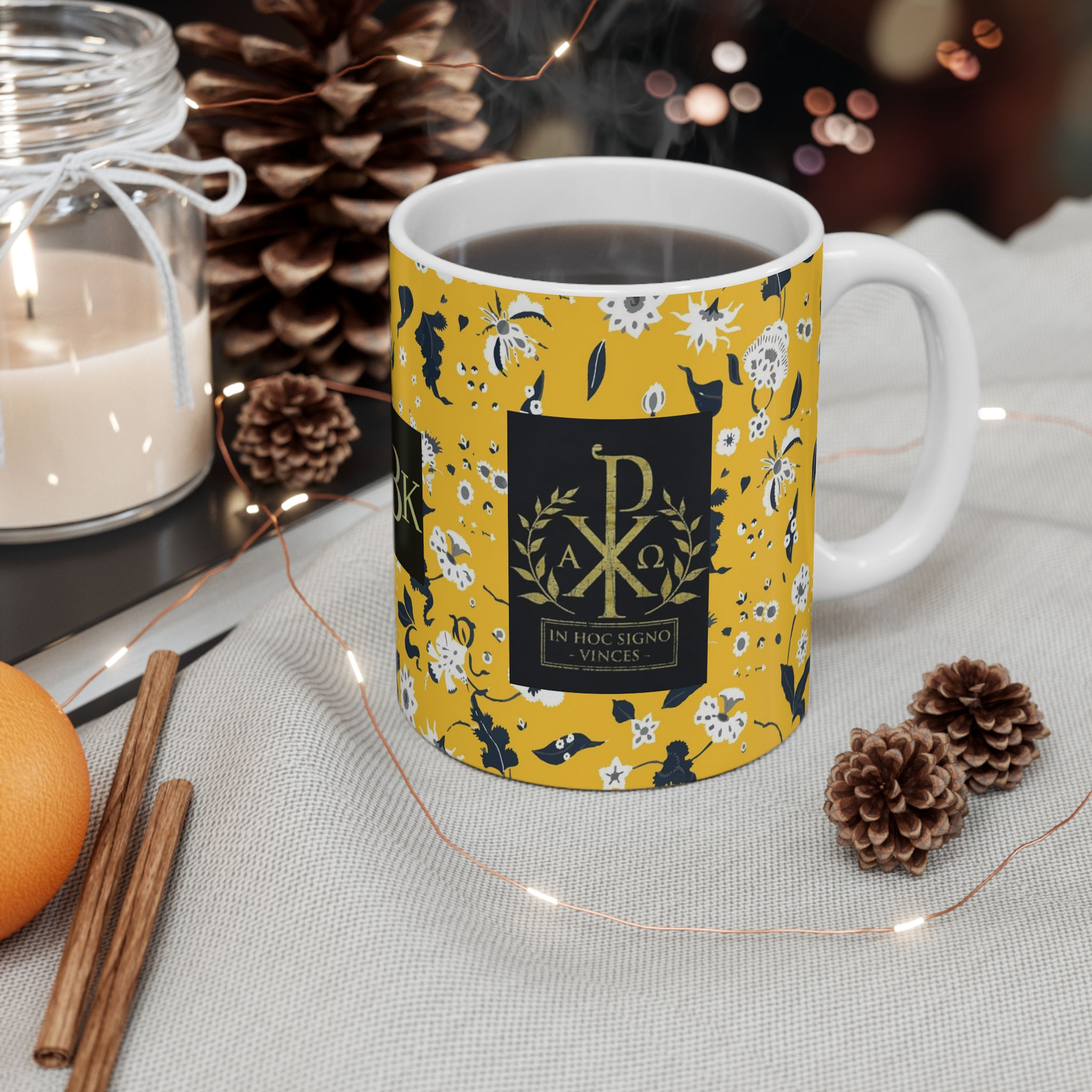 ChiRho Mug - Victory Alpha Omega Ceramic Chalice, ceramic mug with ChiRho A&O In Hoc Signo Vinces print