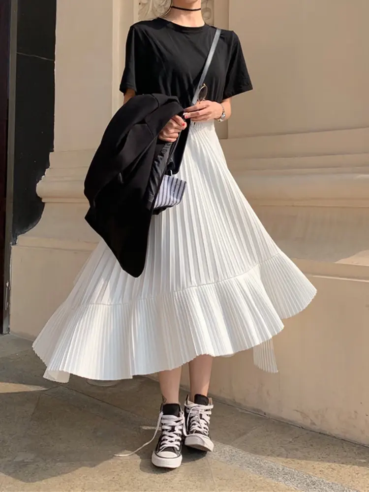 Thumbnail: Grey Black Pleated Midi Skirt for Women