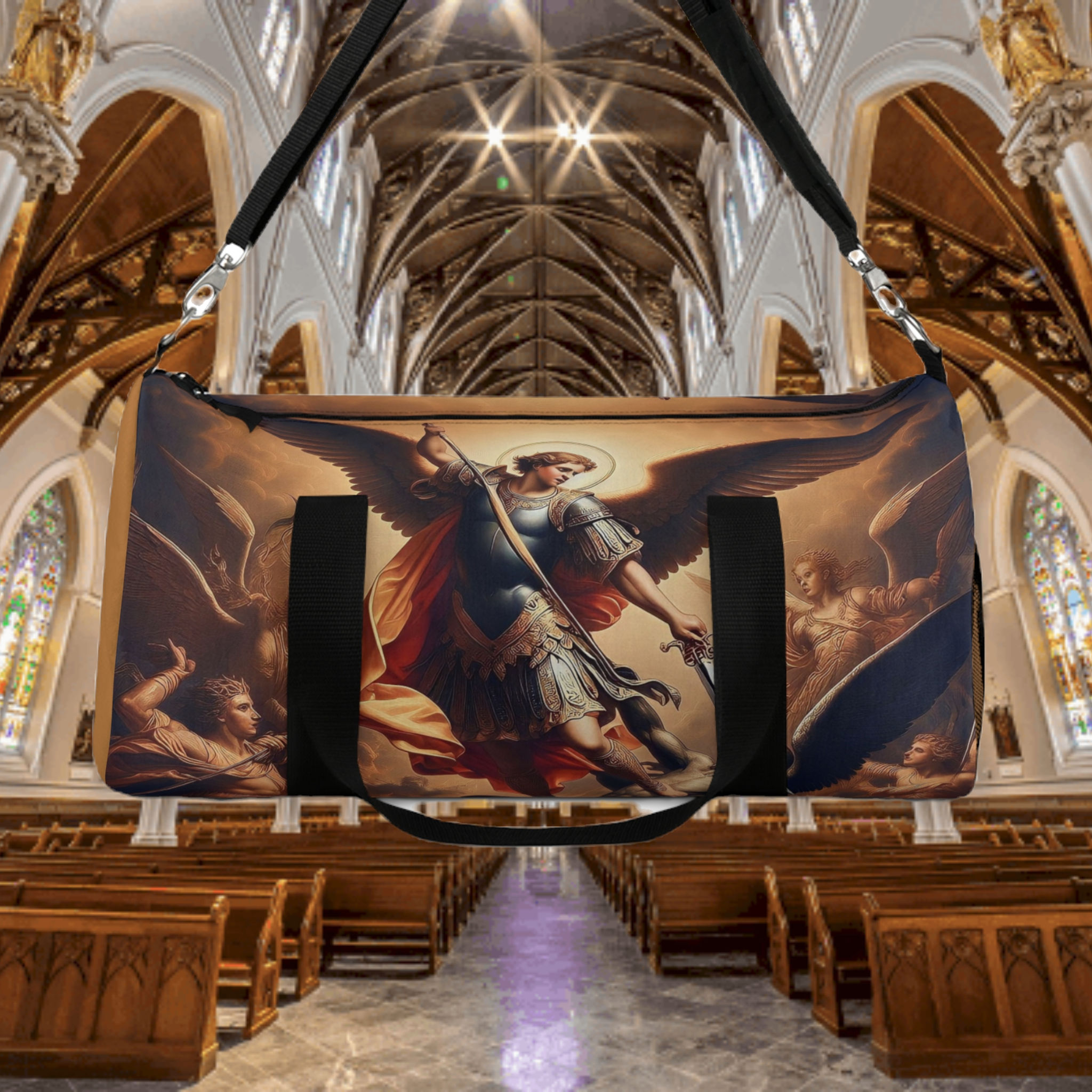 St. Michael Duffel Bag - Celestial Warrior Carry, polyester Oxford canvas gym bag with adjustable strap and spiritual protect