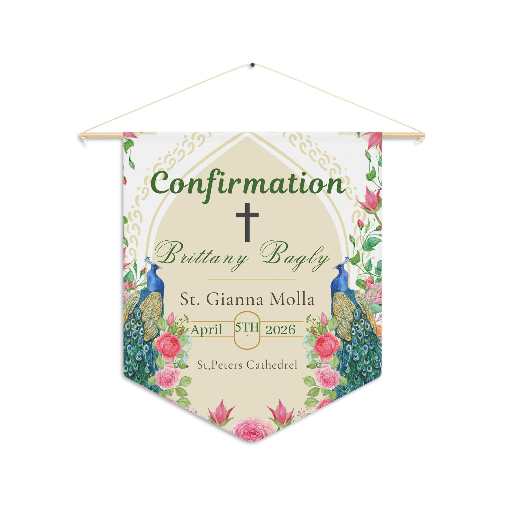 Gorgeous Peacock Confirmation Pennant, 18x21 poly twill pennant with peacock design, custom name, date, church, saint persona
