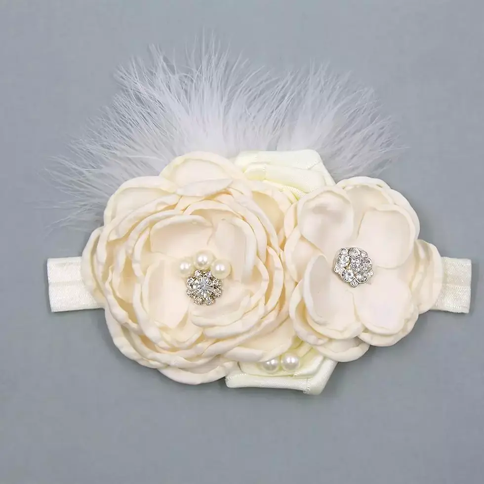 Thumbnail: First Communion Vintage Flower Headband, spandex pearl rhinestone feather girl headband blush mauve ivory