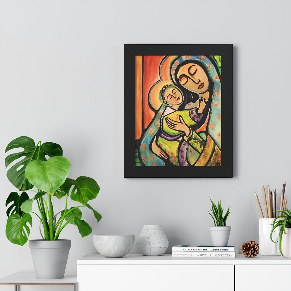 Mother Mary Art - Graceful Haven Print, framed poster with Mica's painting of Mother Mary and Child