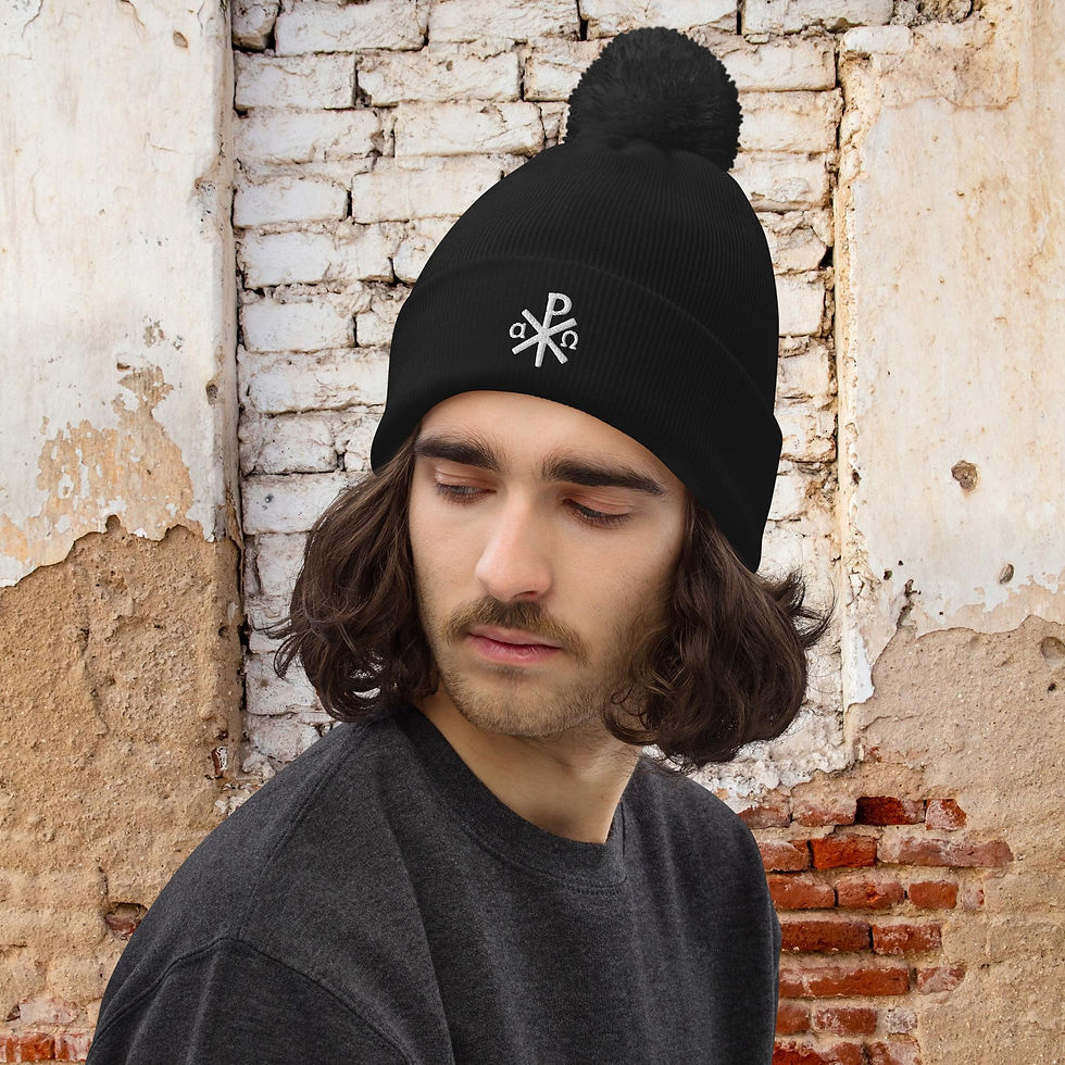 Catholic Pom Pom Beanie Phi Alpha Omega — Faith Symbol Warmth, soft acrylic double-layer cuffed beanie with pom pom and Phi A