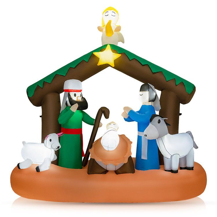 Lighted Nativity Inflatable - 6ft Bethlehem Star of Salvation holy family angel lamb donkey stable LED glow
