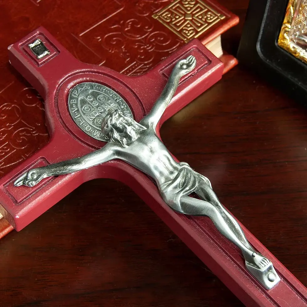 Thumbnail: Saint Benedict Wall Crucifix - 8.5" Holy Water Font Guardian medal cross font wood resin