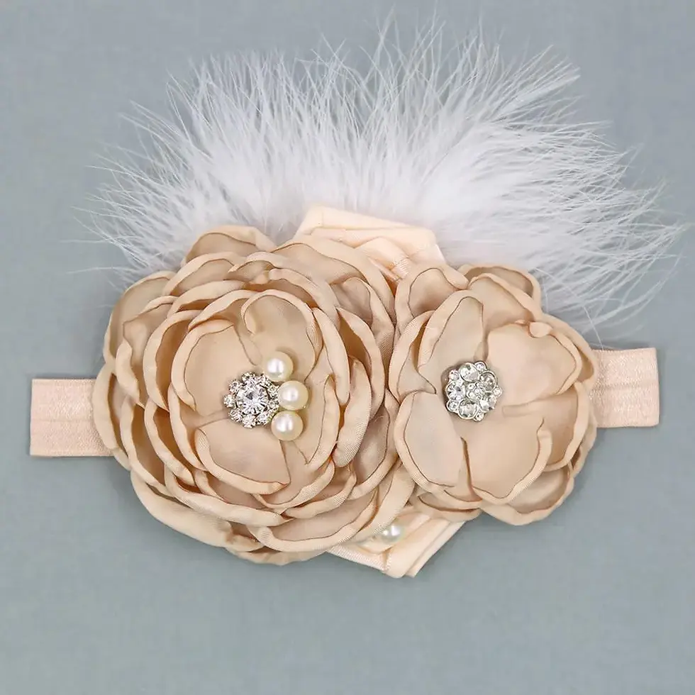 Thumbnail: First Communion Vintage Flower Headband, spandex pearl rhinestone feather girl headband blush mauve ivory