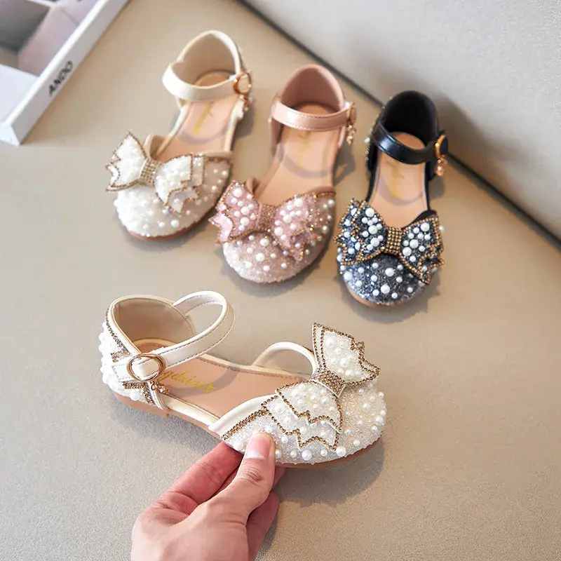 First Communion Mary Janes - Pearl Bow Grace Shoes white pink black pearl sequin bow leather flats