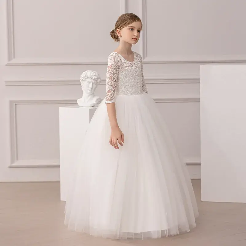 Thumbnail: Girls' White Embroidered First Communion Dress, polyester girl communion dress ankle-length embroidery plant pattern half sle