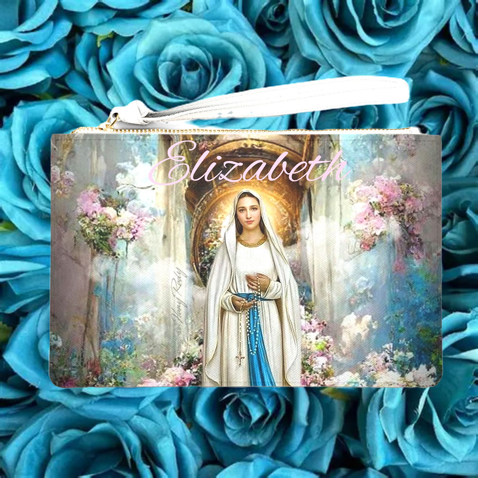 Personalized Virgin Mary Rosary Clutch - Mantle of Grace Pouch vegan leather wrist strap Marian print