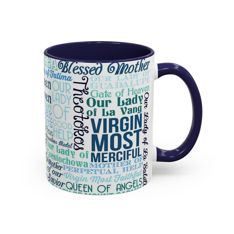 Thumbnail: Marian Titles Mug - Mother Names Ceramic Chalice, ceramic mug with Marian titles print