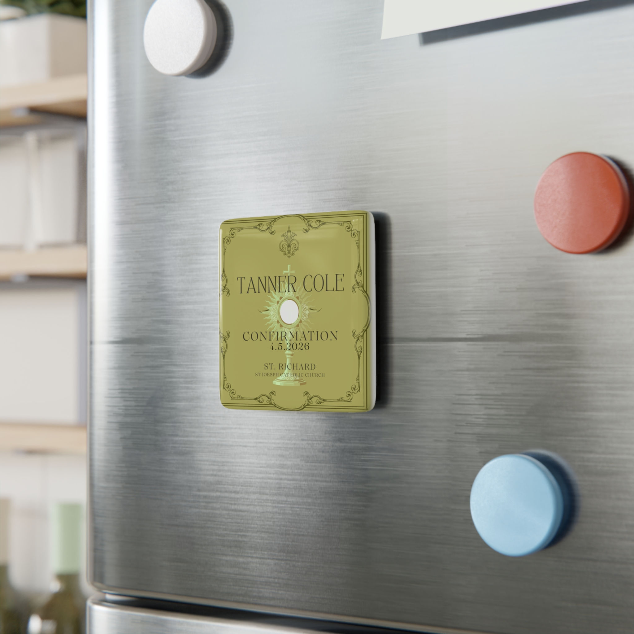 Monstrance Confirmation Porcelain Magnet - Personalized Square, 2x2 glossy porcelain magnet with monstrance design, custom na