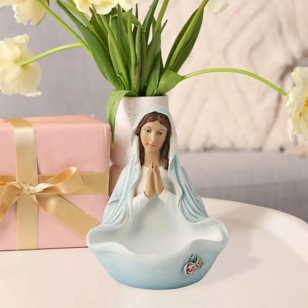 Virgin Mary Rosary Holder - Immaculate Hands of Grace Bowl praying hands white resin rose accent