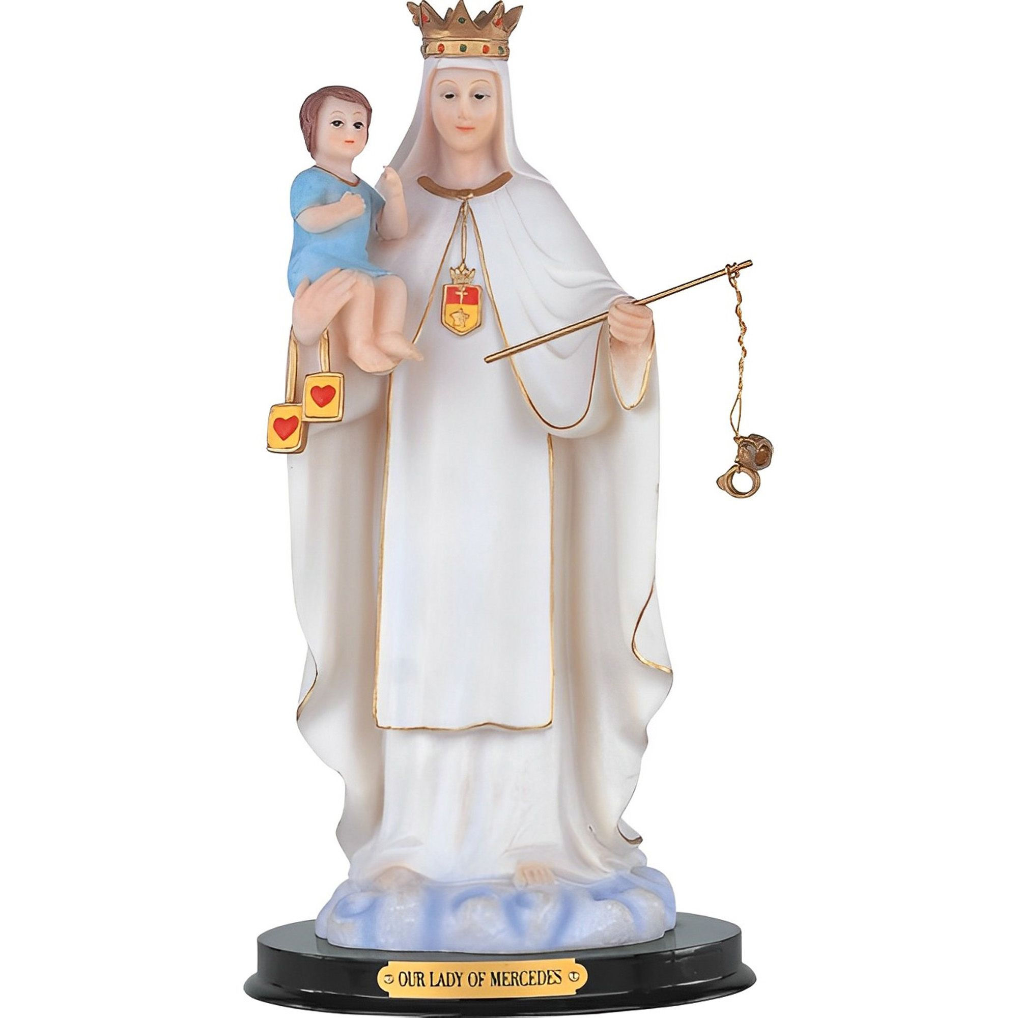 Our Lady of Mercedes Statue 12 Inch maternal redeemer white robe golden chain child resin altar