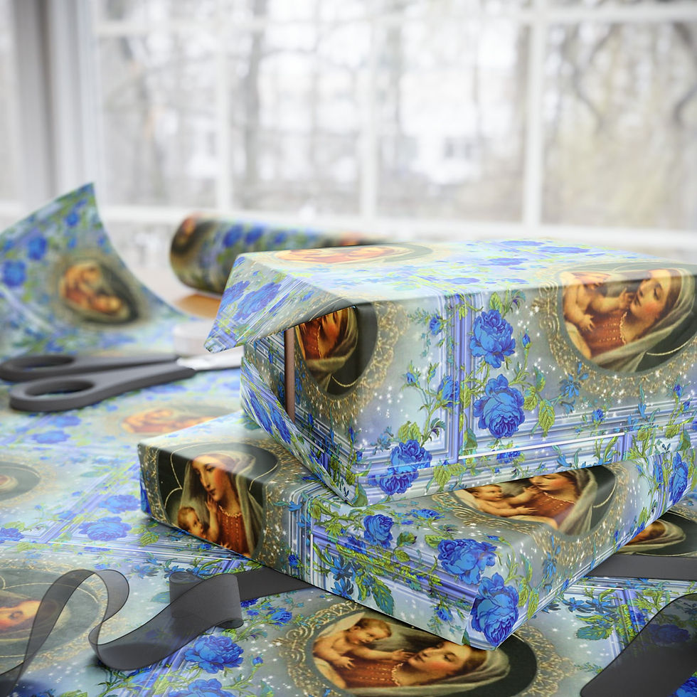 Marian Wrap - Immaculate Mother Gift Sheets, fine-art paper with blueish Mary and Child Jesus design