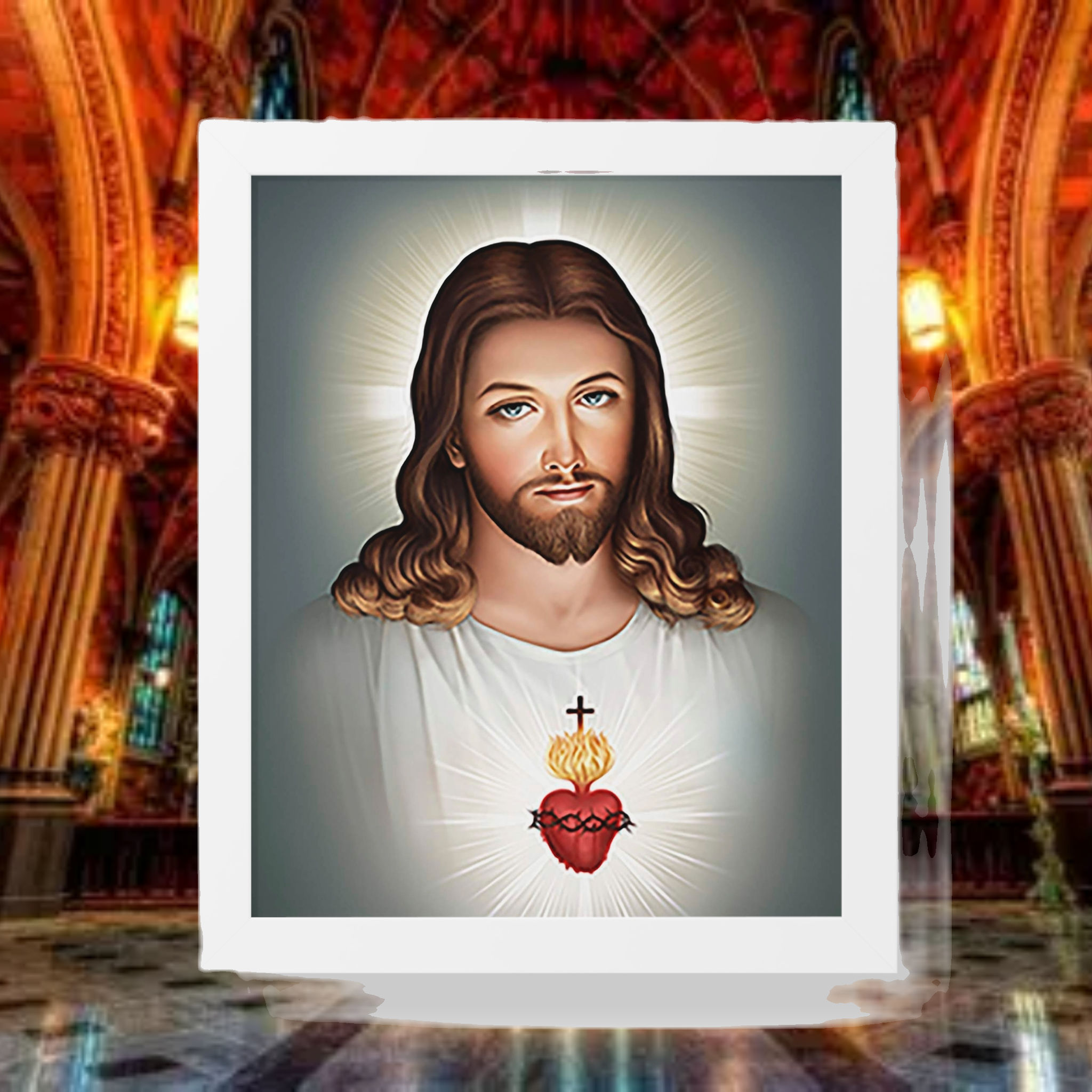 Sacred Heart Cross Glow Framed Art Print - Faith Gift