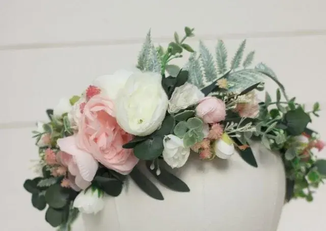 Thumbnail: Immaculate Conception Crown - White Rose Marian Wreath camellia eucalyptus baby breath floral