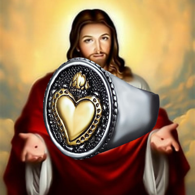 Sacred Heart Steel Ring Stainless 316L Flame Thorns Cross US Sizes 5-13 Assembled USA